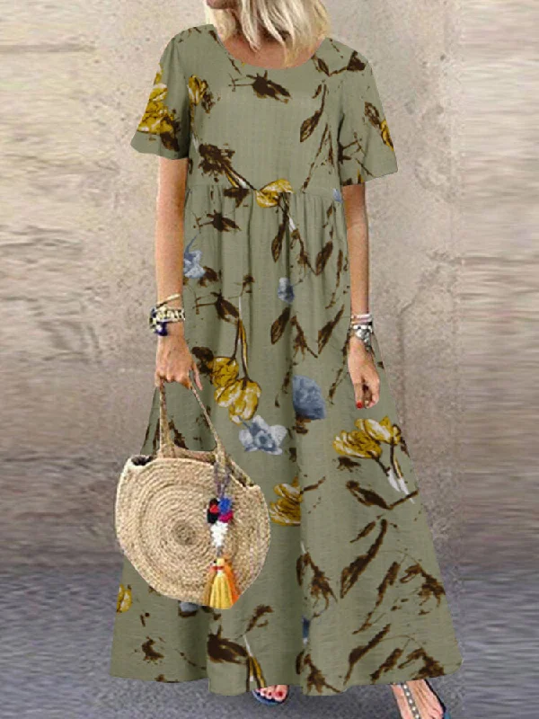 Vintage Floral Print Short Sleeve Loose Casual Women Maxi Dress Comfortable Maxi Dress with Belt
