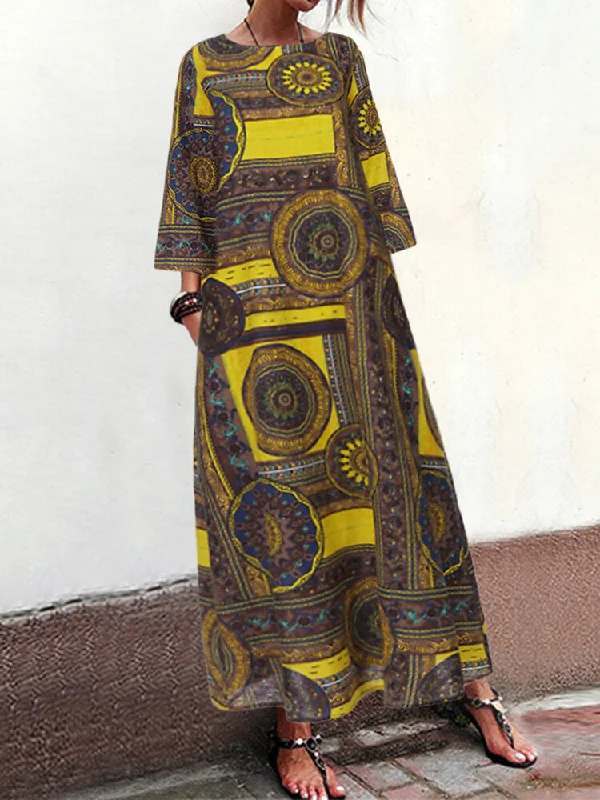 Vintage Loose Art Print O-neck 3/4 Sleeve Pockets Women Maxi Dress Classic V-Neck Maxi Dress Vintage Loose Art Print O-neck 3/4 Sleeve Pockets Women Maxi Dress Classic V-Neck Maxi Dress