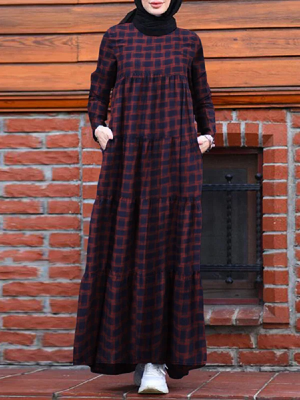 Vintage Plaid Round Neck Kaftan Casual Long Sleeve Pocket Women Maxi Dress Stylish Pleated A-Line Maxi Dress Vintage Plaid Round Neck Kaftan Casual Long Sleeve Pocket Women Maxi Dress Stylish Pleated A-Line Maxi Dress