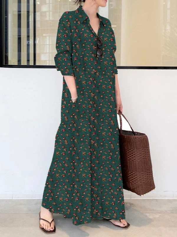 Zjkrl - Vintage Printed Lapel Long Sleeve Shirt Maxi Dress Fashionable Chiffon Tiered Maxi Dress Zjkrl - Vintage Printed Lapel Long Sleeve Shirt Maxi Dress Fashionable Chiffon Tiered Maxi Dress