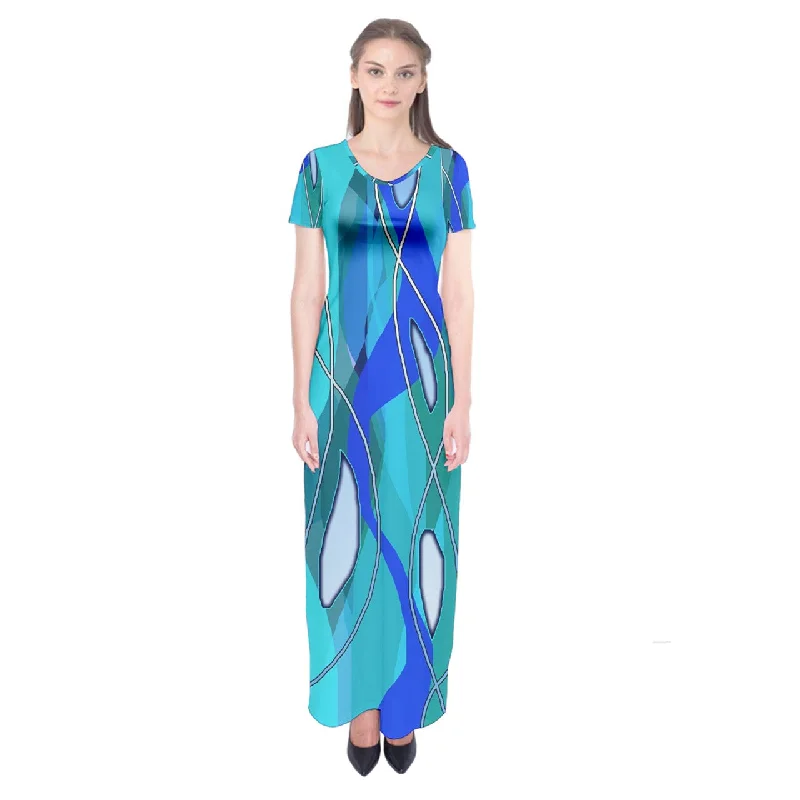 Wavy Blue Short Sleeve Maxi Dress Comfortable Ruffle Hem Maxi Dress