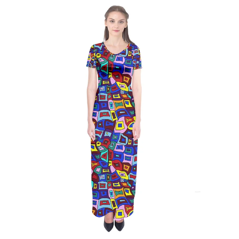 Wavy Square Pattern Short Sleeve Maxi Dress Elegant Pleated Maxi Dress