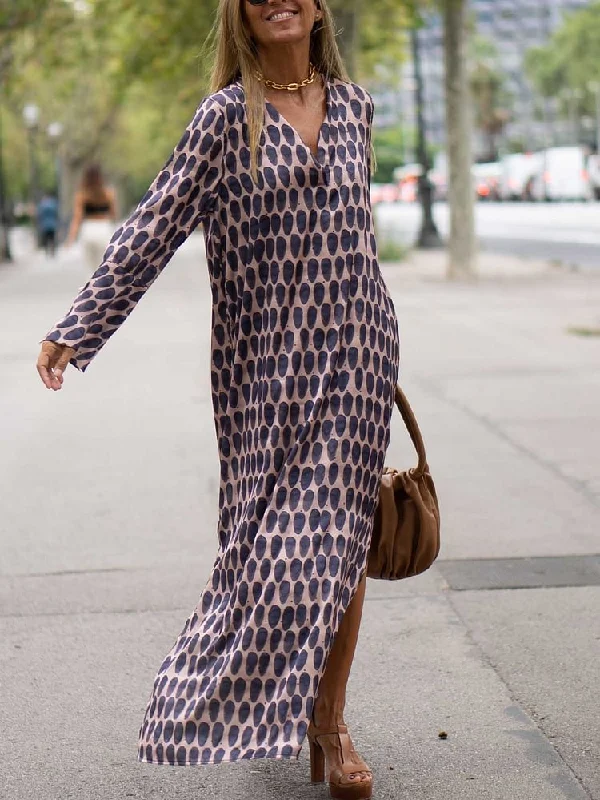 Zjkrl - Women Casual Loose Printed Deep V-Neck Maxi Dresses Elegant Tiered Maxi Dress
