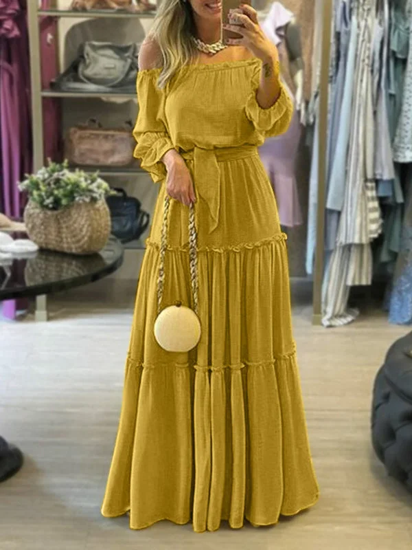 Zjkrl - Wrap Falbala Solid Color Off-The-Shoulder Maxi Dresses Comfortable Fitted Maxi Dress Zjkrl - Wrap Falbala Solid Color Off-The-Shoulder Maxi Dresses Comfortable Fitted Maxi Dress