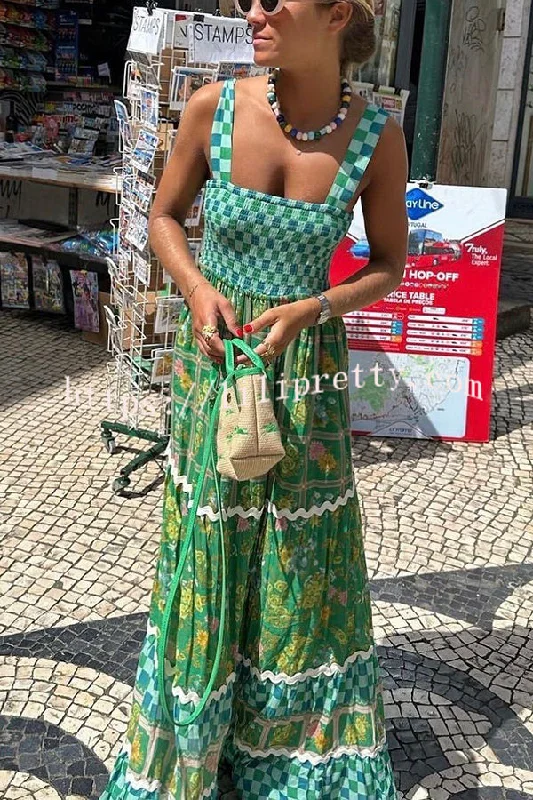 Yolanda Ric Rac Trims Unique Print Smocked Bust Back Lace-up Maxi Dress Fashionable Faux Wrap Maxi Dress
