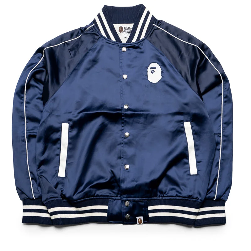 A Bathing Ape Nylon Varsity Jacket - Navy Chenille Fabric Brocade Fabric Lace Fabric A Bathing Ape Nylon Varsity Jacket - Navy Chenille Fabric Brocade Fabric Lace Fabric