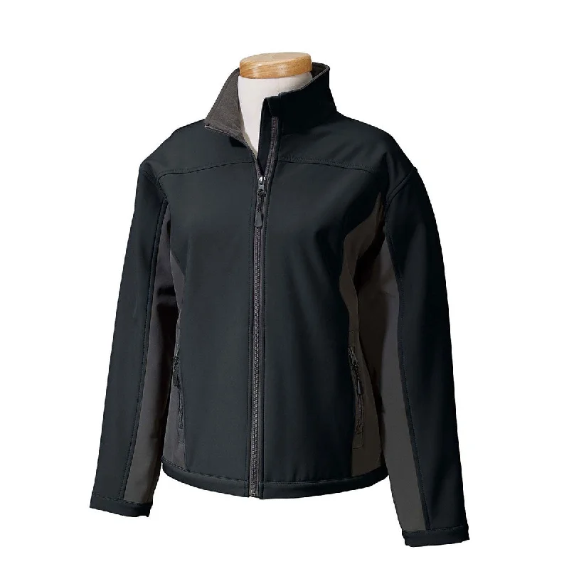Devon & Jones Women's Black/Dark Charcoal Soft Shell Colorblock Jacket Boat Neck Shawl Collar Notched Collar