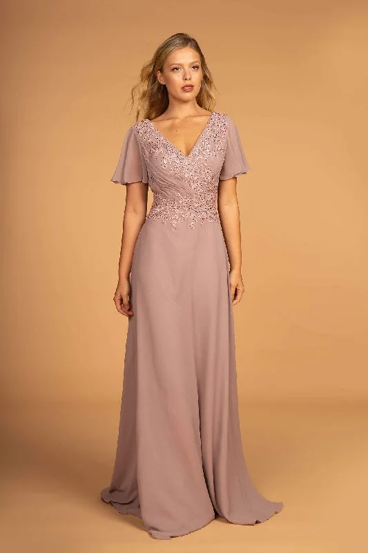 Elizabeth K - GL2520 Embroidered V-Neck A-Line Evening Gown