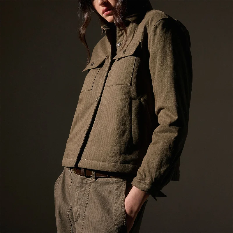 Herringbone Shirt Jacket - Army Green Denim Fabric Leather Fabric Suede Fabric