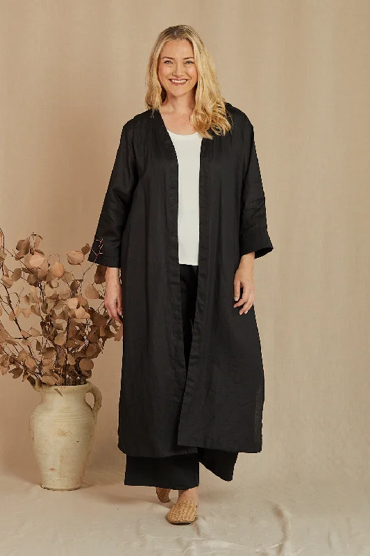 Long Line Linen Duster Jacket in Black Welt Pockets Slit Pockets Flap Pockets