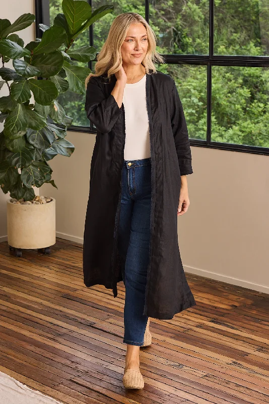 Long Line Fringed Linen Duster Jacket in Black Lace Jacket Ribbed Jacket Sequined Jacket Long Line Fringed Linen Duster Jacket in Black Lace Jacket Ribbed Jacket Sequined Jacket