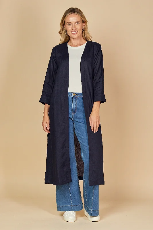 Long Line Linen Duster Jacket in Navy Chenille Fabric Brocade Fabric Lace Fabric