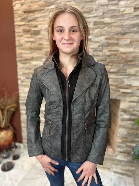 Women's Faux leather Jacket-BF1701-CHAR/BLK Welt Pockets Slit Pockets Flap Pockets