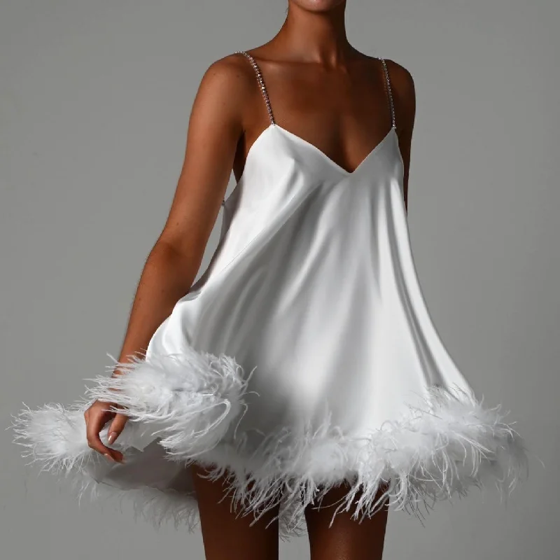 Always Love Feather Trim Chain Strap Mini Dress Trendy Bodycon Mini Dress