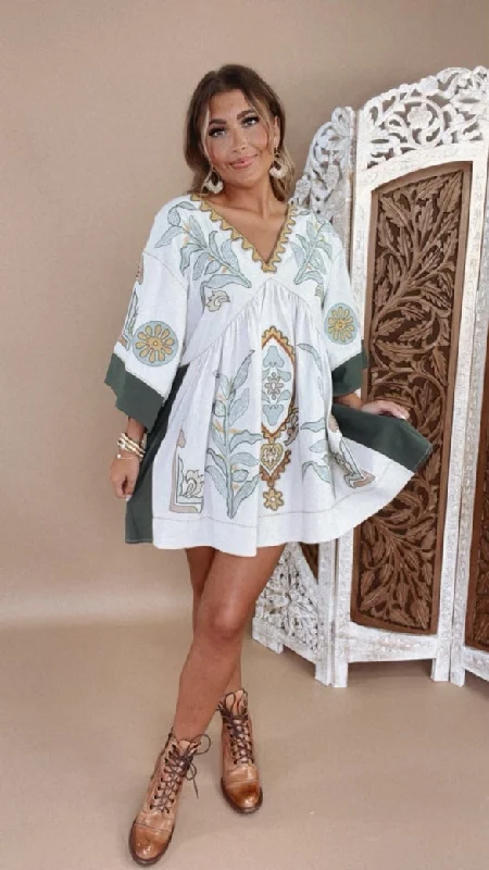 Vintage Love Boho Embroidered Mini Dress, Ivory Classic Floral Print Mini Dress