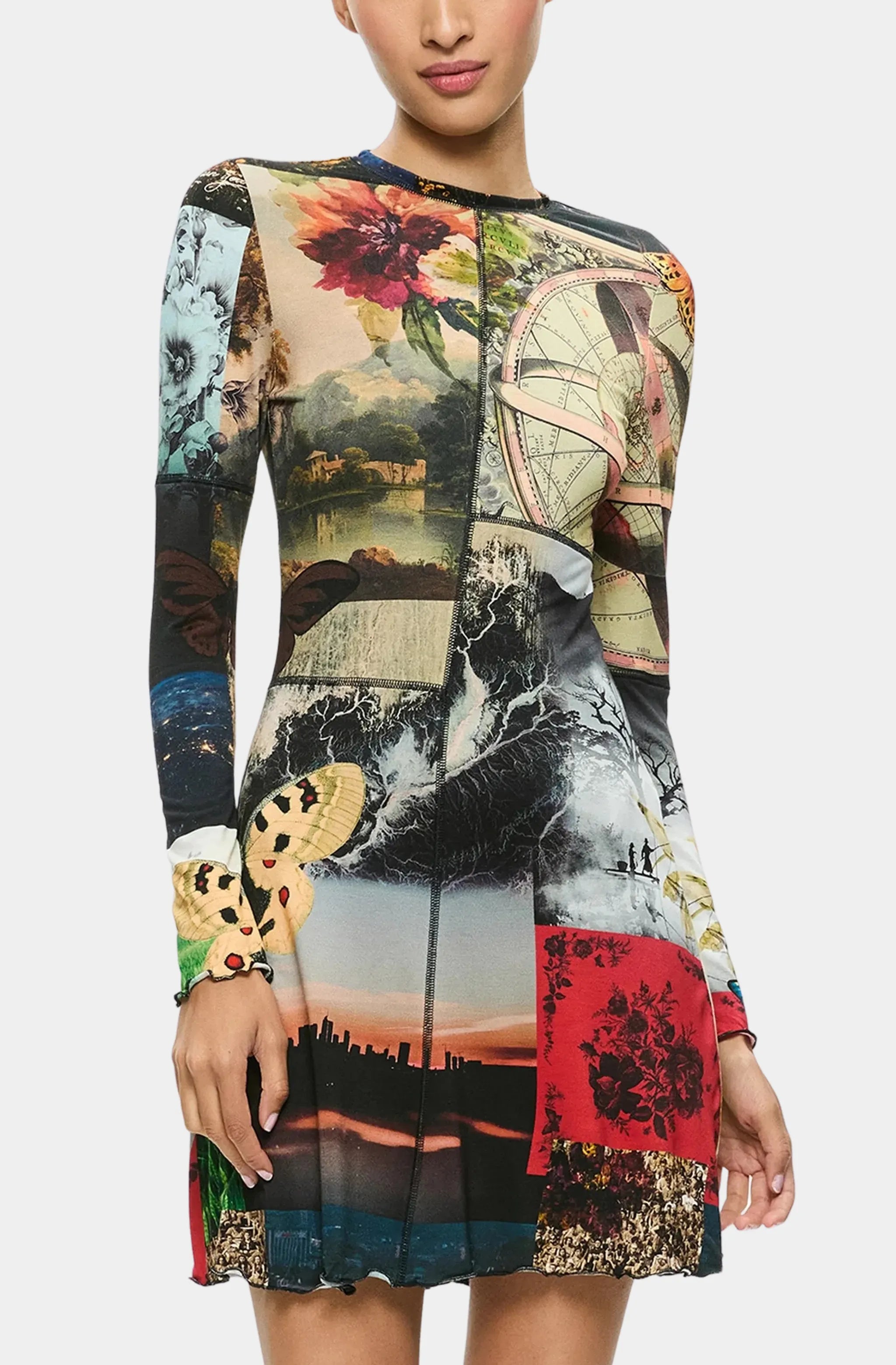 Delora Long Sleeve Paneled Flare Mini Dress W/ Lettuce Hem Stylish Floral Print Mini Dress