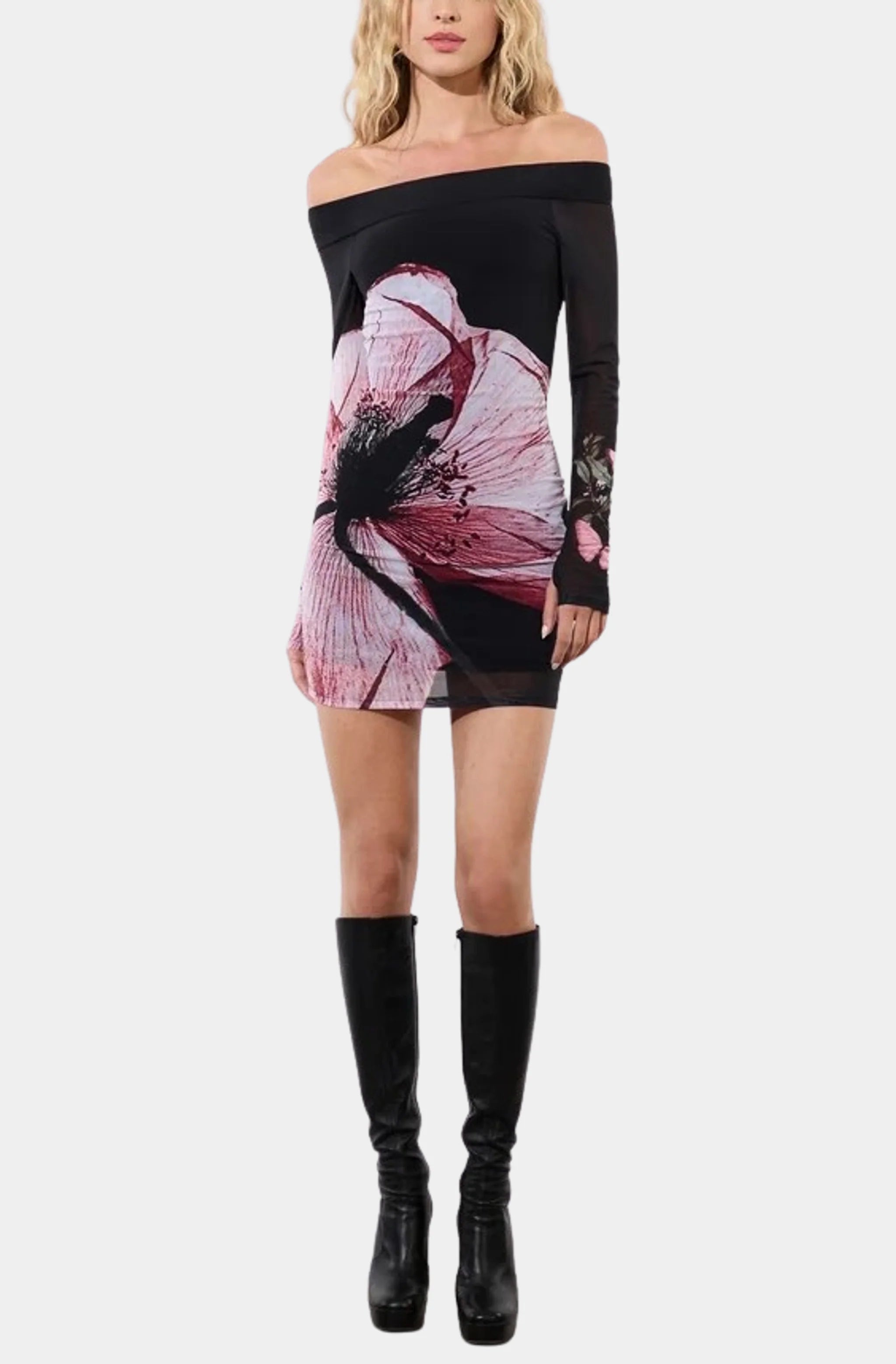 Dorinda Off the Shoulder Mini Dress with Thumbholes Stylish Button-Down Mini Dress