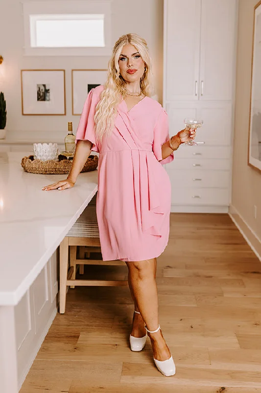 Classy Girl Faux Wrap Mini Dress in Pink Curves Comfortable Boho Mini Dress