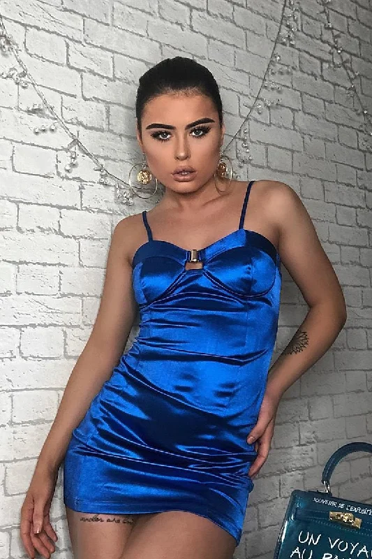 Cobalt Satin Clasp Front Cup Mini Dress - Teana Trendy Wraparound Mini Dress