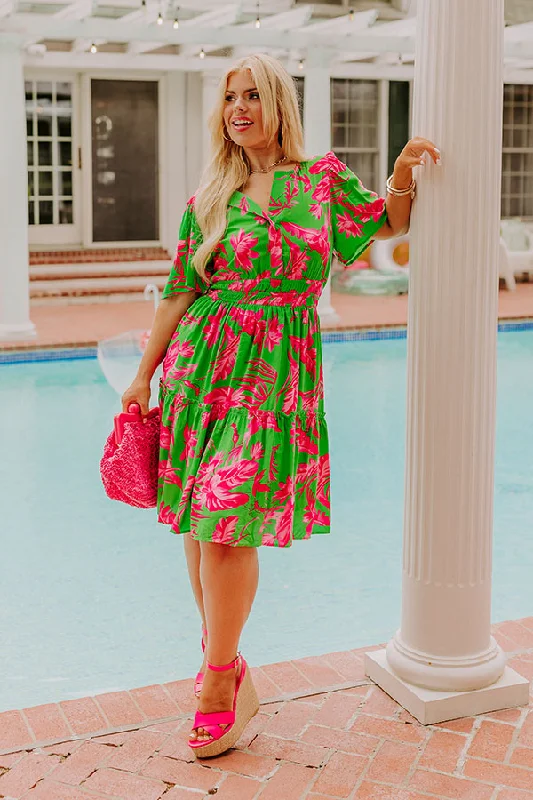 Cruise Trip Ready Floral Mini Dress in Kelly Green Curves Comfortable Linen Mini Dress
