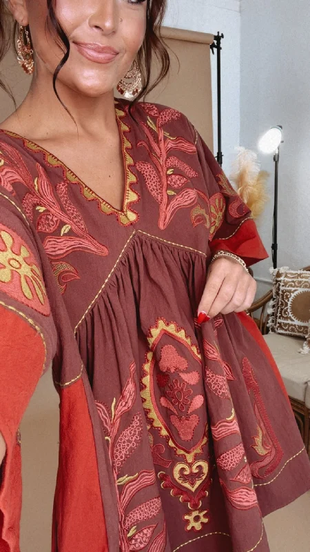 Vintage Love Boho Embroidered Mini Dress, Red Trendy Tie-Dye Mini Dress