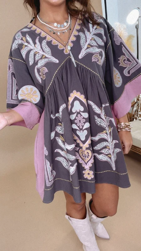 Vintage Love Boho Embroidered Mini Dress, Charcoal Comfortable One-Shoulder Mini Dress