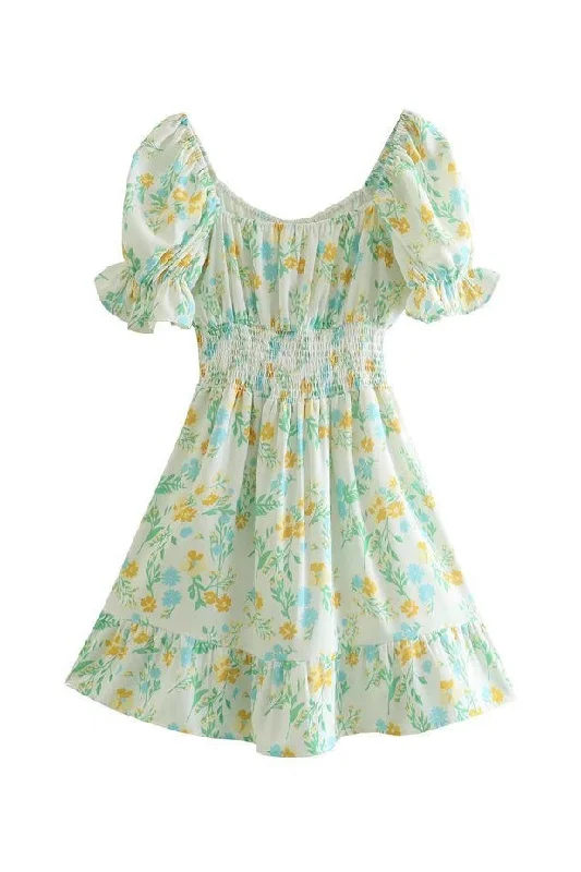 Green Cute Floral Print Puff Sleeve Mini Dress Comfortable Shift Mini Dress