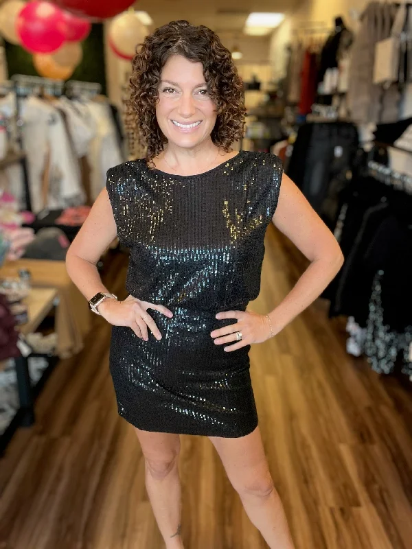 Kiss Me at Midnight - Power Shoulders Sequin Mini Dress Trendy Denim Mini Dress