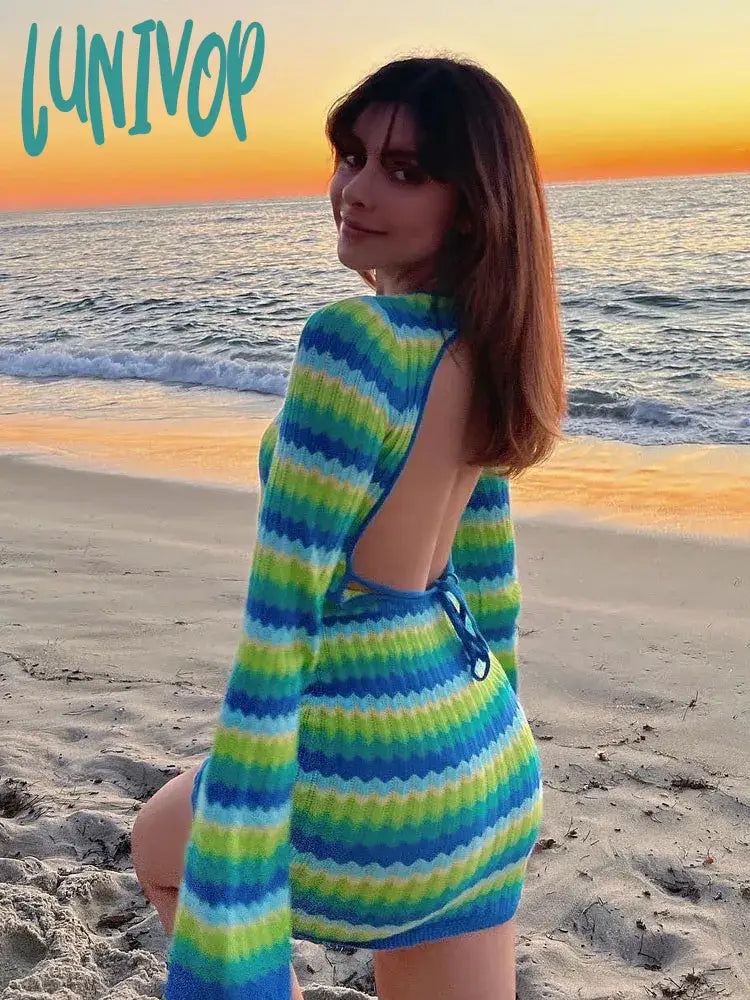 Lunivop Women Dress Sexy Y2K Green Stripe Knit Summer Beach Dress Club Party Outfits Fashion Bodycon Backless Casual Mini Dress New Comfortable Off-Shoulder Mini Dress