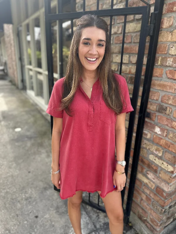 Moon Washed Denim Mini Dress- Crimson Cozy Sweater Mini Dress