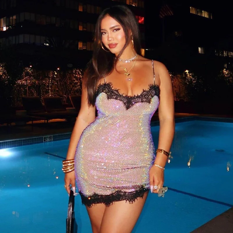 Moonwalk Mesh Rhinestone Lace Mini Dress Stylish Button-Down Mini Dress
