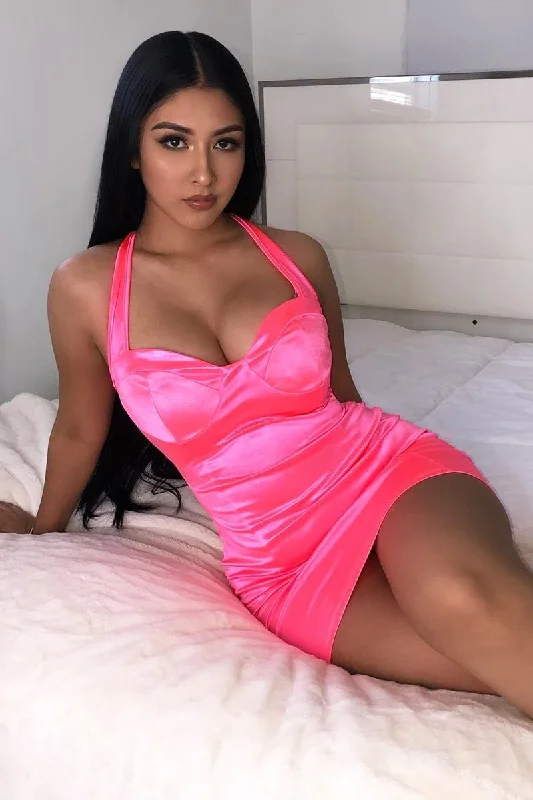 Neon Pink Satin Cup Detail Mini Dress - Jenna Trendy Mesh Mini Dress