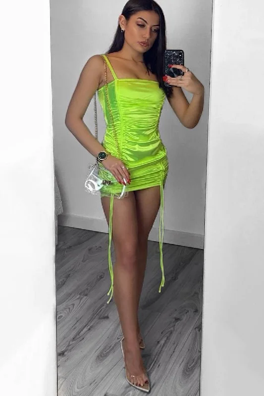 Neon Yellow Satin Ruched Front Mini Dress - Delsie Fashionable Summer Mini Dress