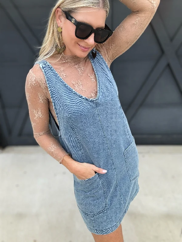 Overall Mini Dress In Denim Modern Satin Mini Dress