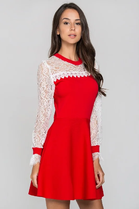 Red and White Lace Yoke Crew Neck Peplum Mini Dress Cozy T-Shirt Mini Dress