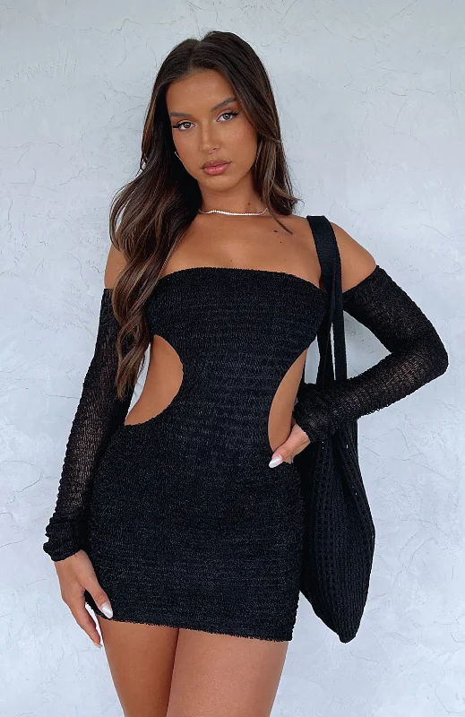 Summer's Over Long Sleeve Mini Dress Black Cozy Sweater Mini Dress