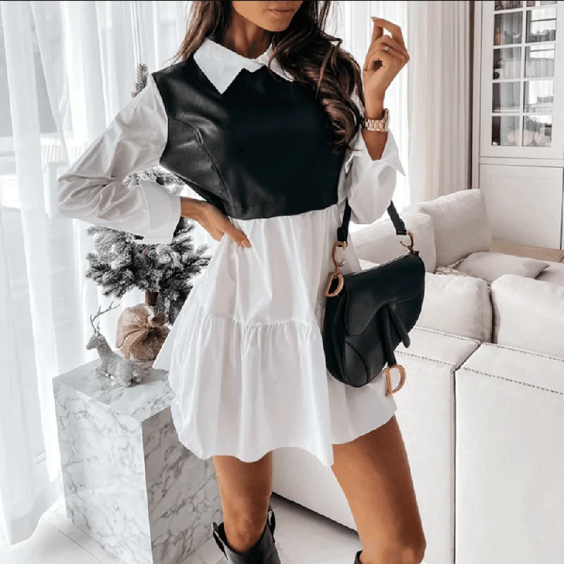 Vianne Leather Front Mini Dress Trendy Off-Shoulder Dress Mini