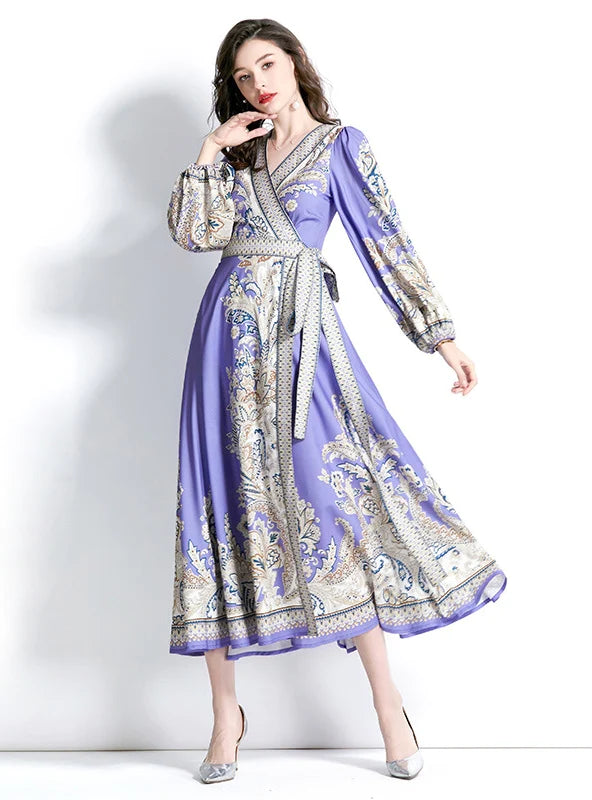 LANTERN SLEEVES V-NECK PRINTED DRESS
