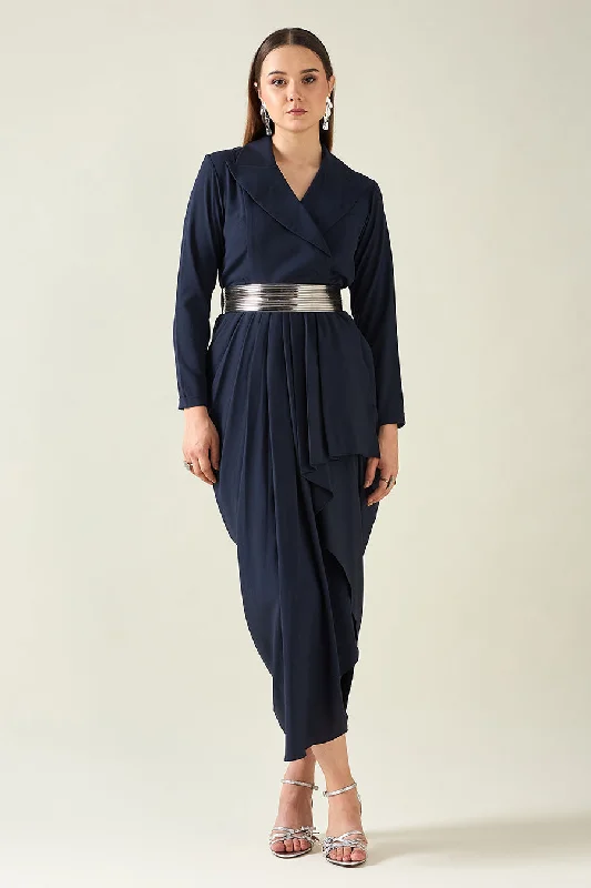 Navy Notch Drape Dress With Metallic Finish Belt