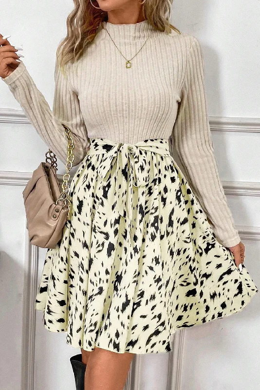 Blue Zone Planet |  Beige Ribbed Knit Patchwork Printed Belted A-line Dress