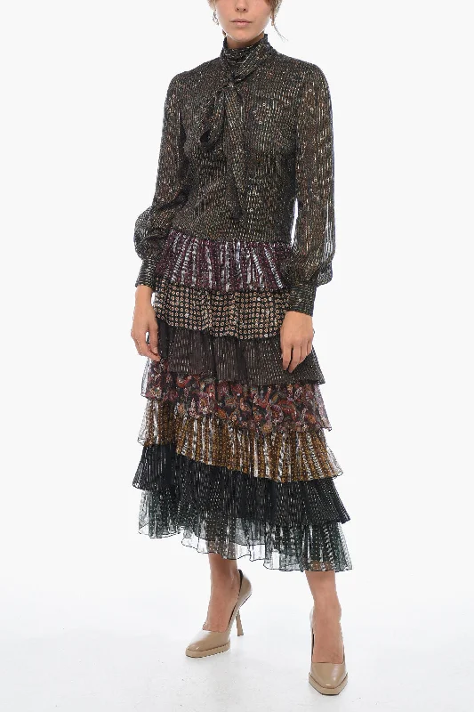 Celine Tie Neck Silk Blend Dress with Lurex Motif 42 Italian size