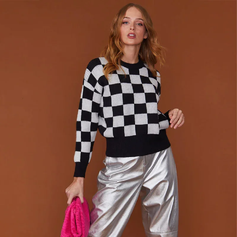 Black & White Check Cashmere Jumper by Jayley Boat Neck Shawl Collar Notched Collar