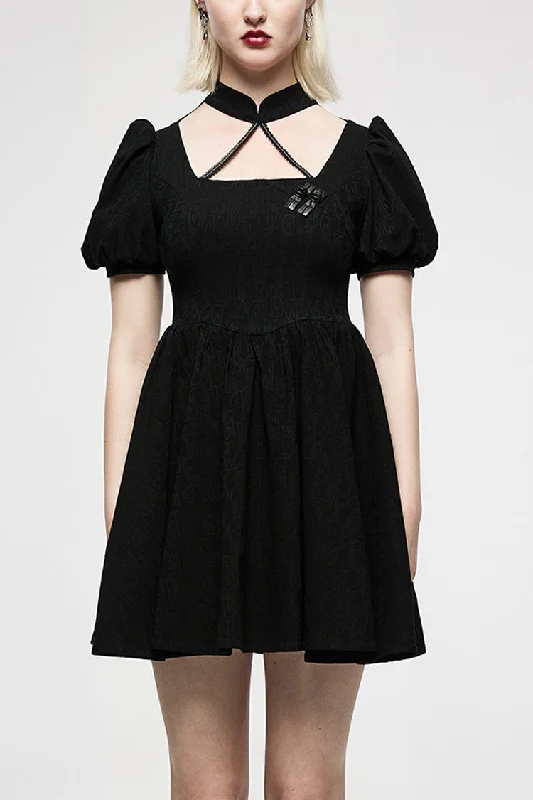 Black Halterneck Puff Sleeves Jacquard Women's Punk Dress