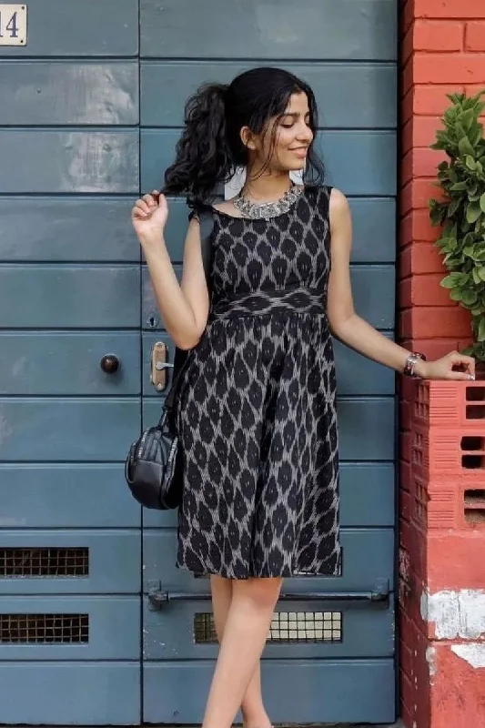 Black Ikat Bow Back Flare Dress
