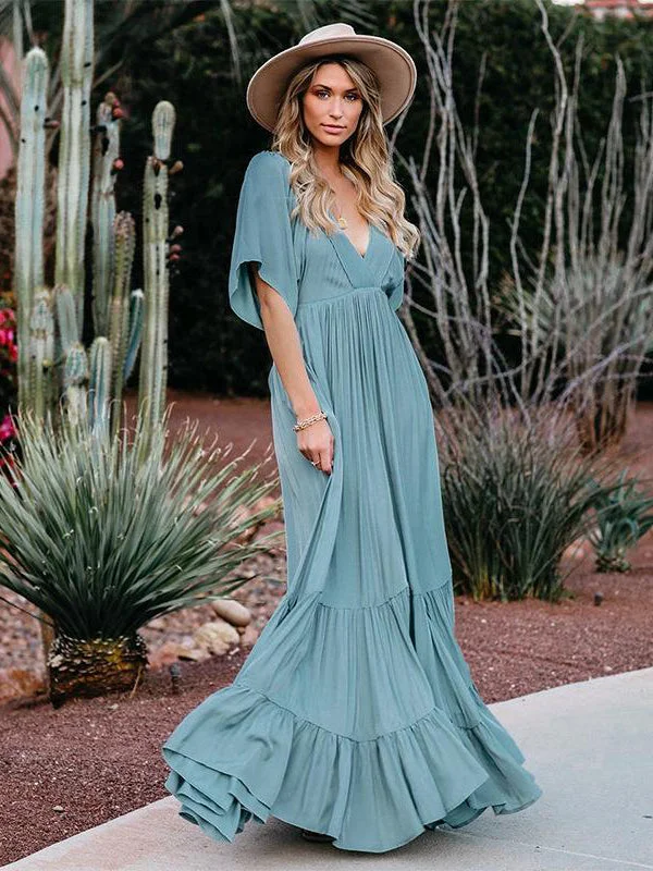 Boho Summer Dresses V-Neck Short-Sleeved Solid Color Long Dress
