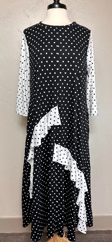 Celeste Polka Dot Black Modest Dress with Ruffle