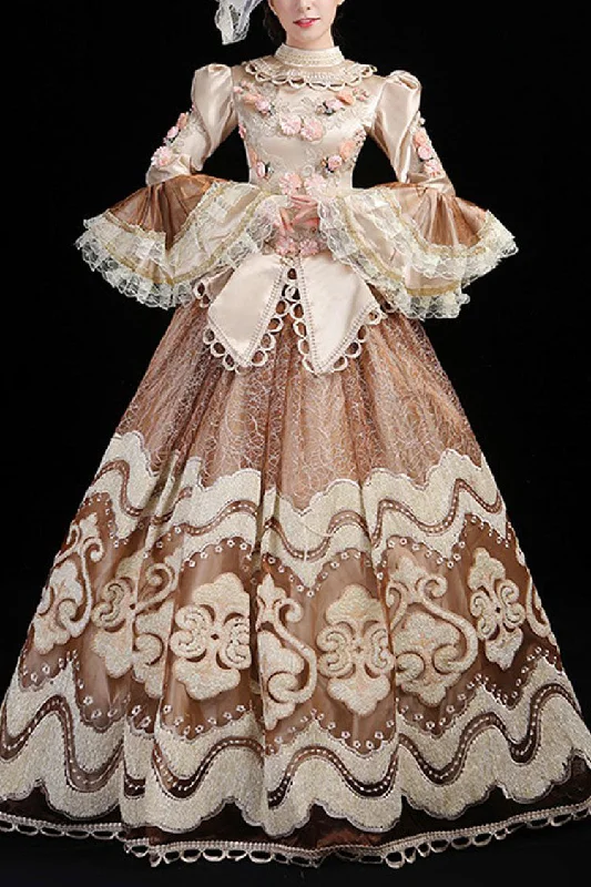 Champagne Multi-Layer Hime Sleeves High Waisted Hollow Embroidery Three-Dimensional Flower Print Victorian Lolita Prom Dress
