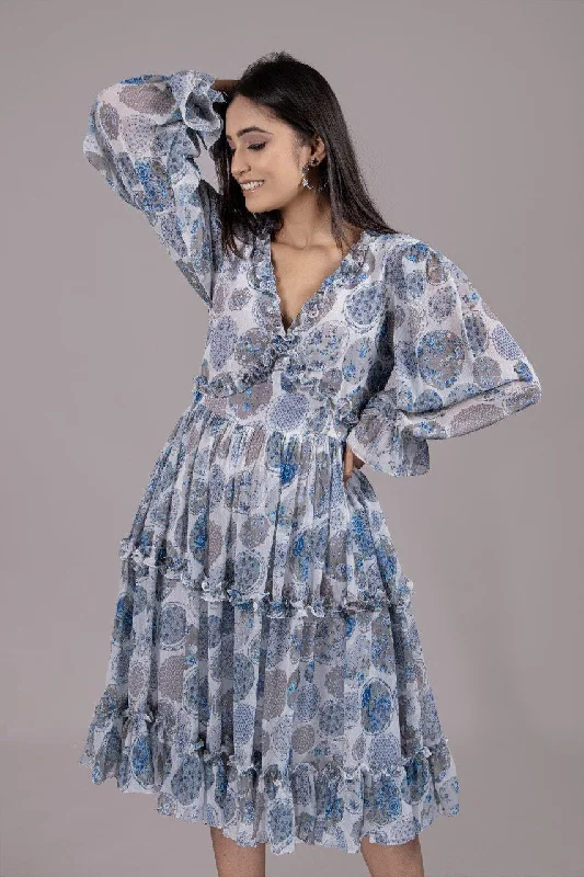 Adaara Chiffon Blue & White Dress