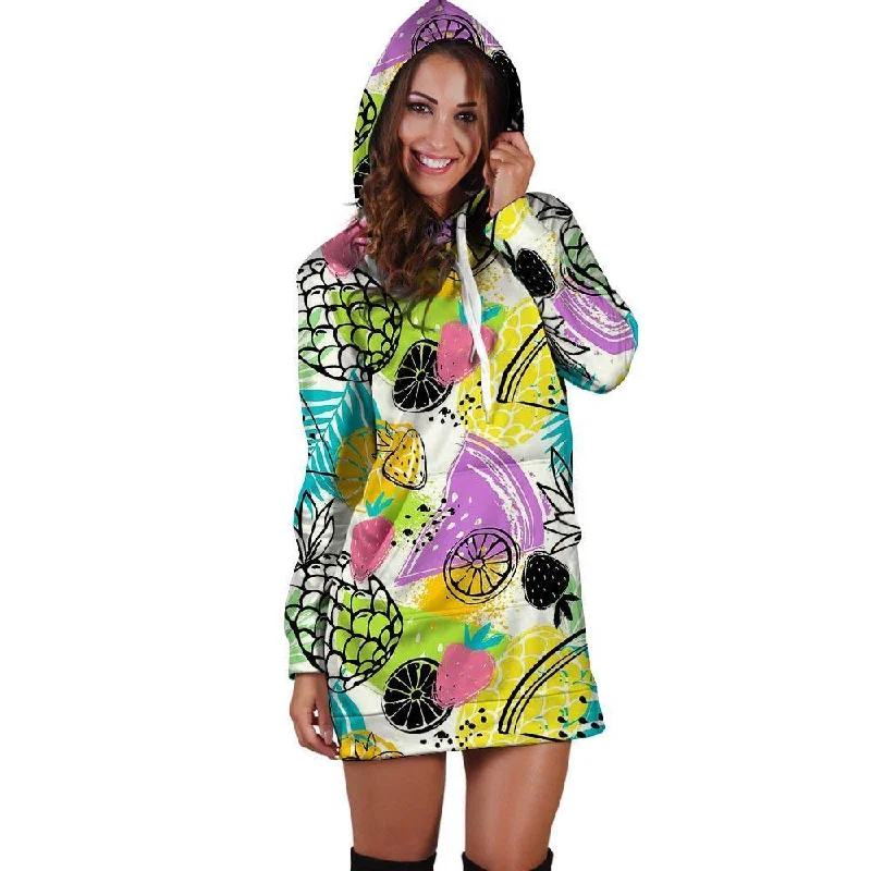 Colorful Mix Fruit Pineapple Hawaiian Print Hoodie Dress