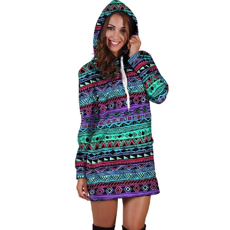 Colorful Neon Tribal Aztec Hand Drawn Hoodie Dress